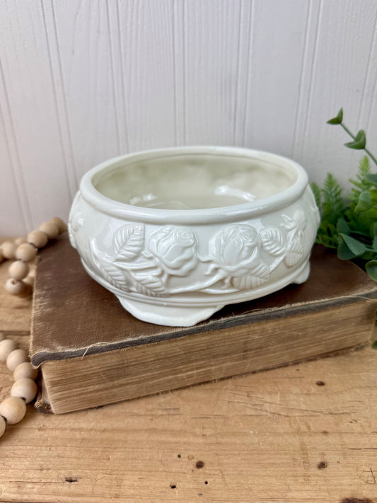 Vintage Ceramic Footed Planter Bowl with Roses