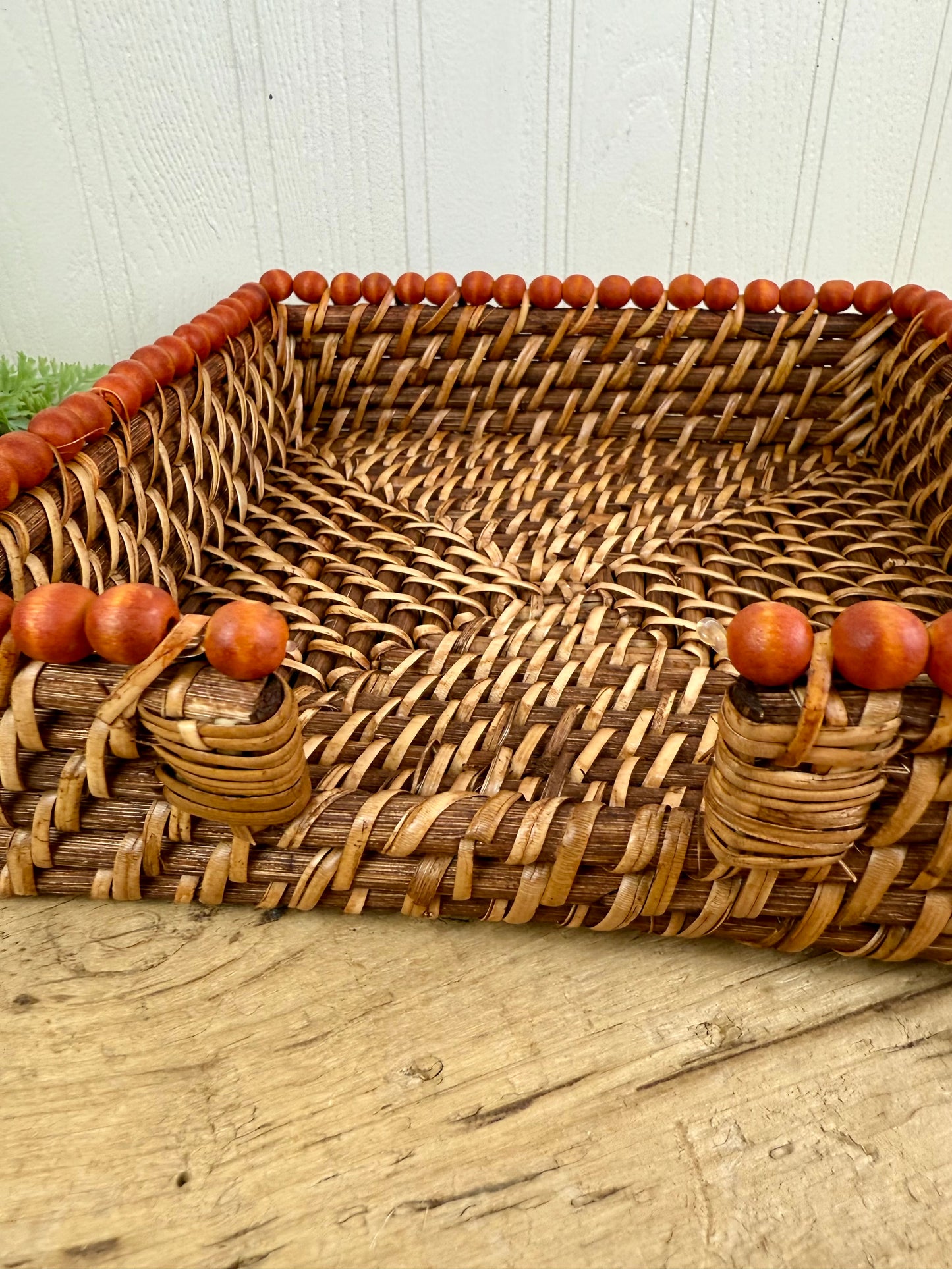 Vintage Wicker Napkin Basket with Beaded Trim