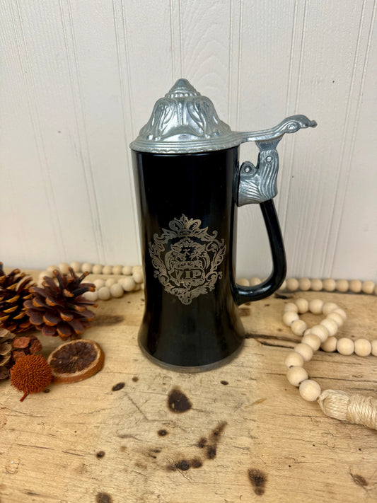 Vintage Black Glass Beer Stein with Pewter Lid