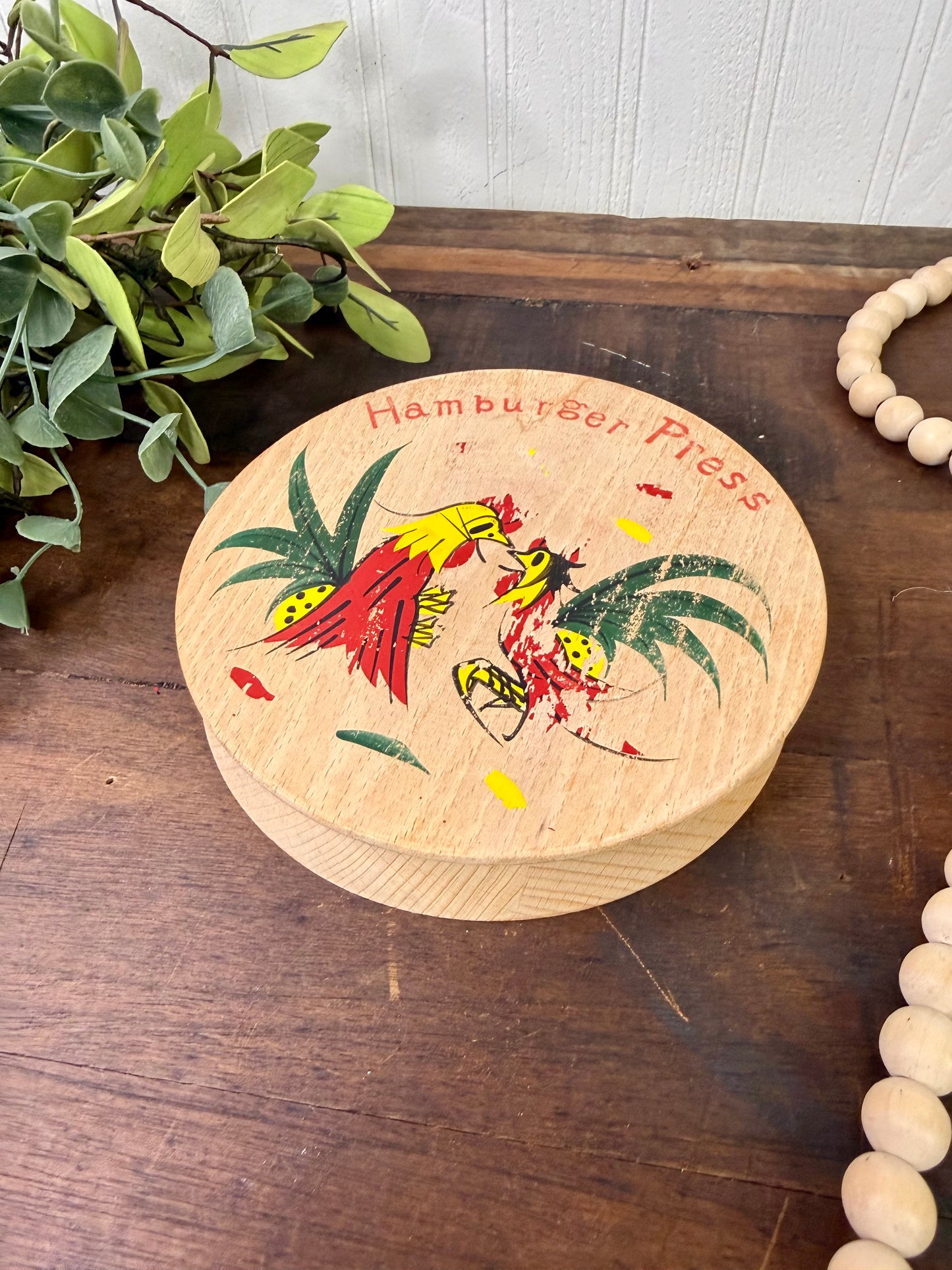 Vintage Wooden Hamburger Press with Roosters