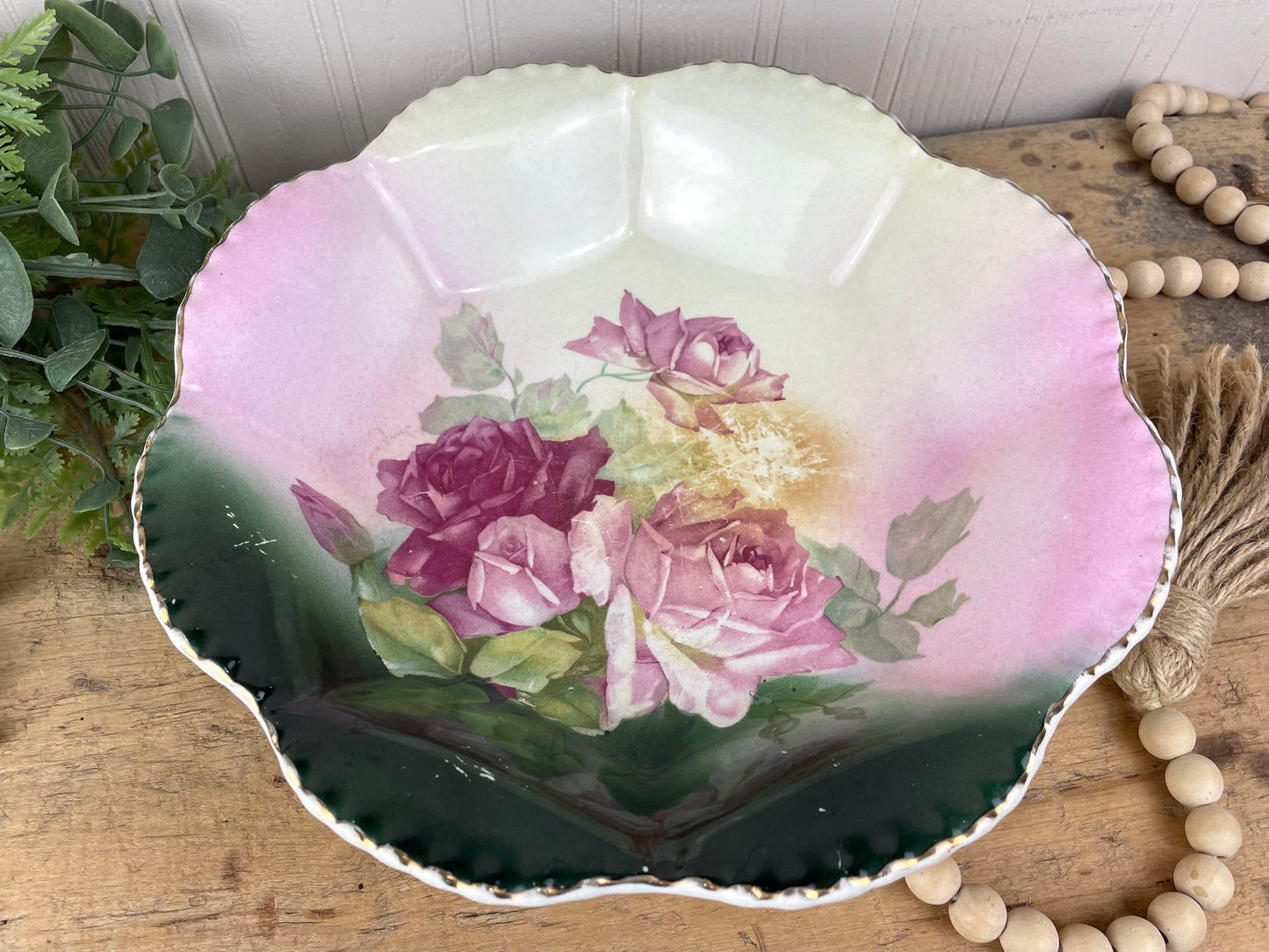 Vintage Scalloped Porcelain Bowl with Roses