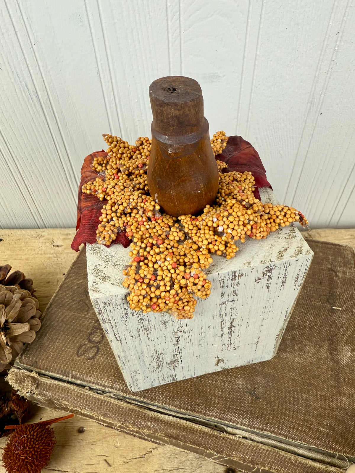 Handmade Block Beige Pumpkin with Spindle Stem