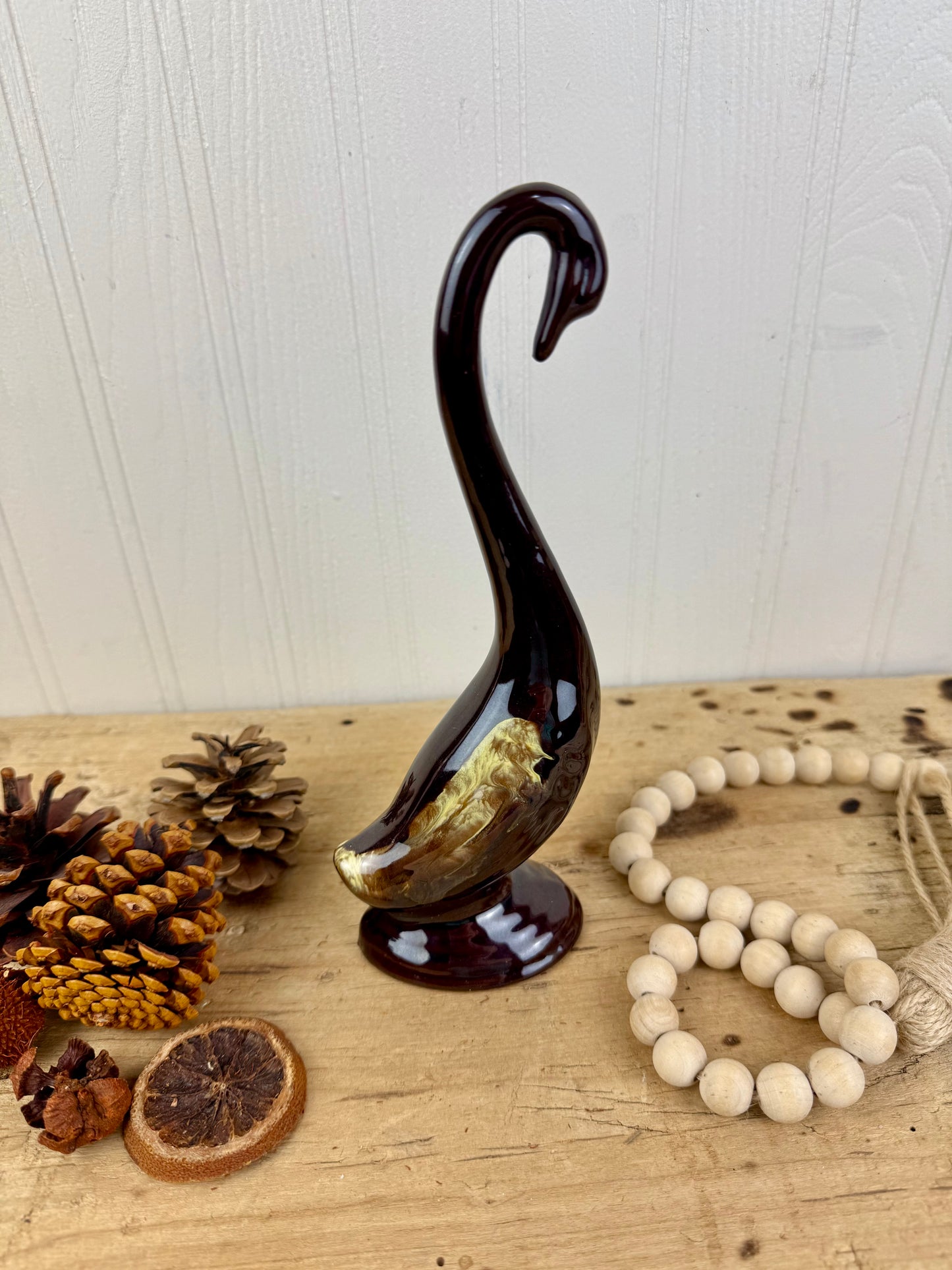 Vintage Enesco Redware Pottery Swan with Drip Glaze
