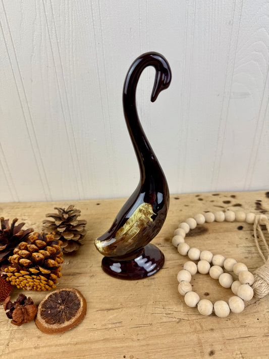Vintage Enesco Redware Pottery Swan with Drip Glaze