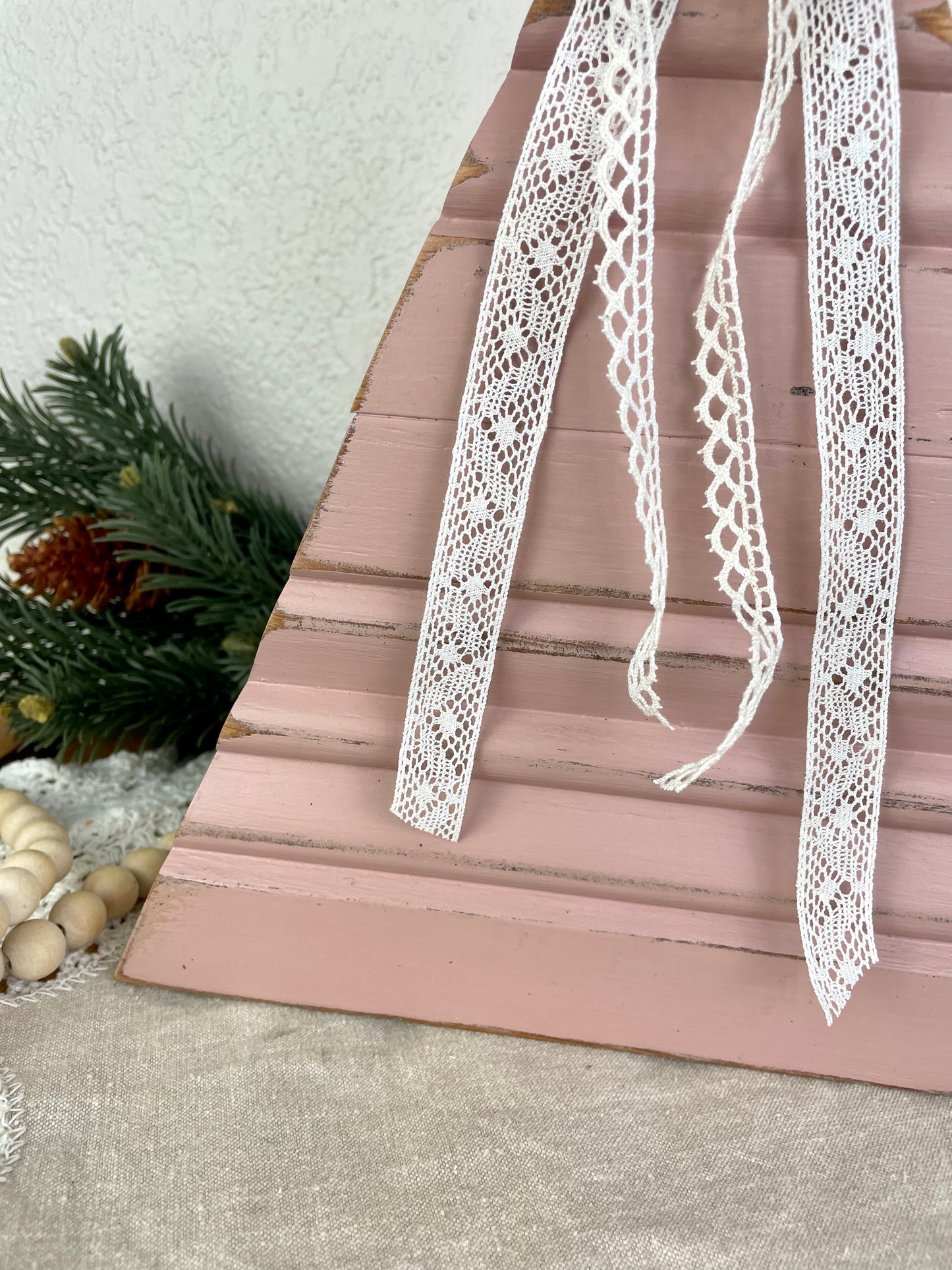 Upcycled Vintage Trim Pink Large Christmas Tree with Wood Flower