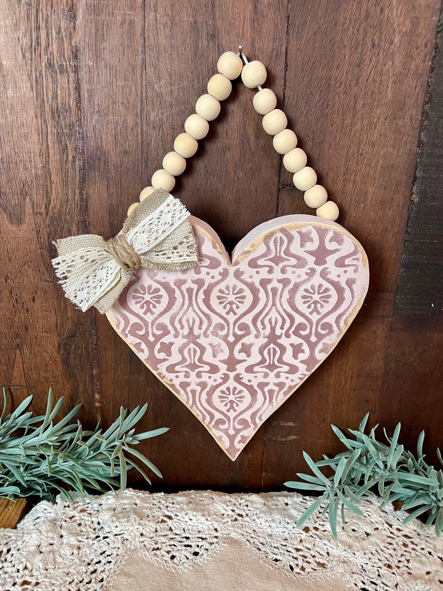 Handmade Reclaimed Wood Heart with Bead Hanger- A