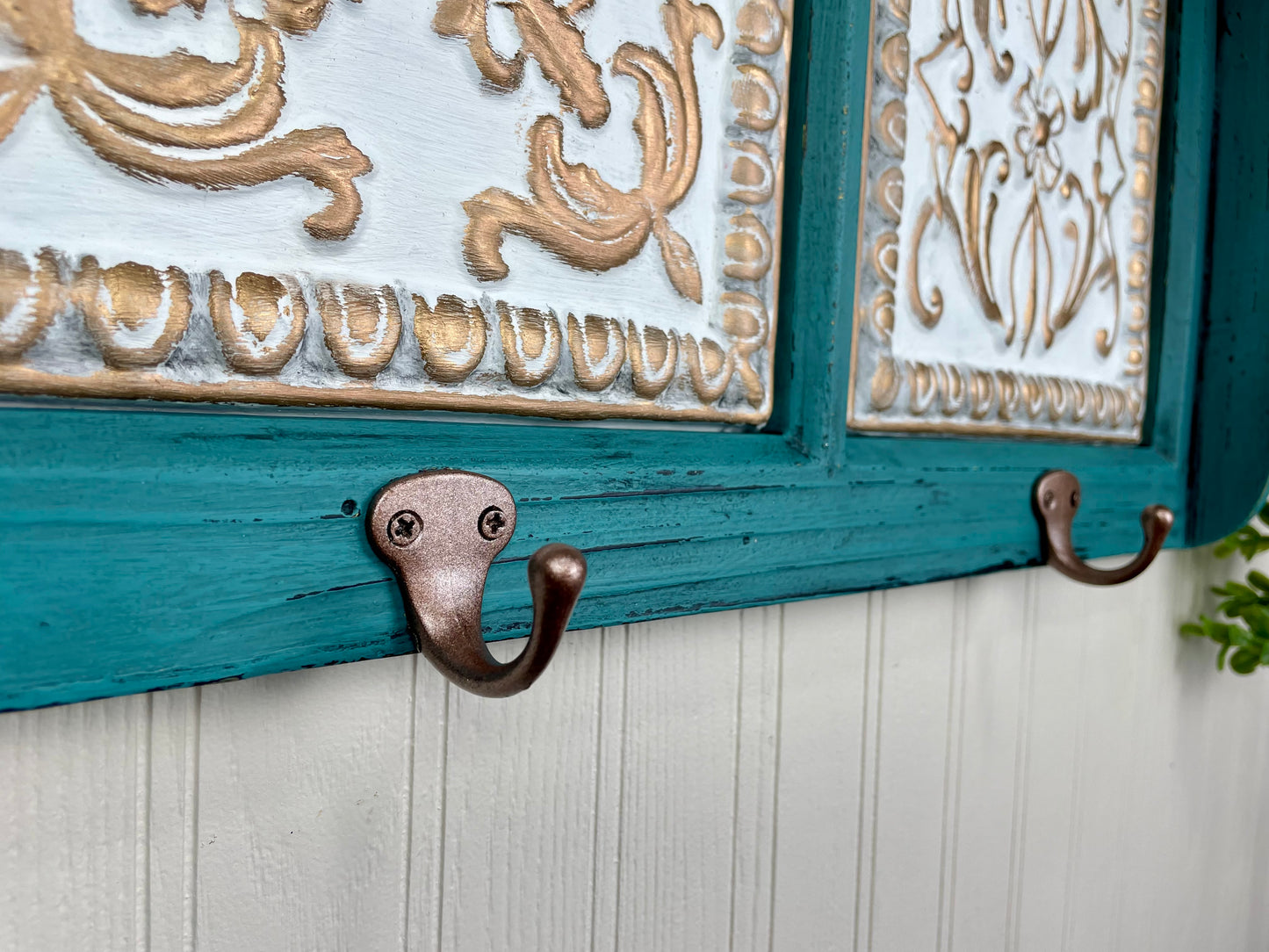 Upcycled Teal Painted Shelf with Hooks