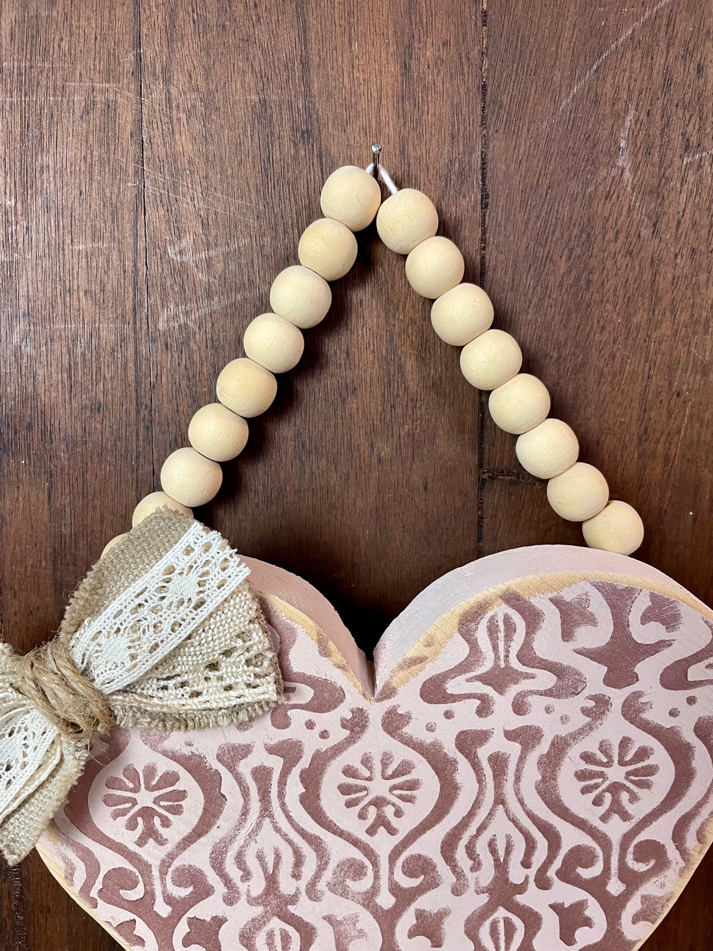 Handmade Reclaimed Wood Heart with Bead Hanger- A