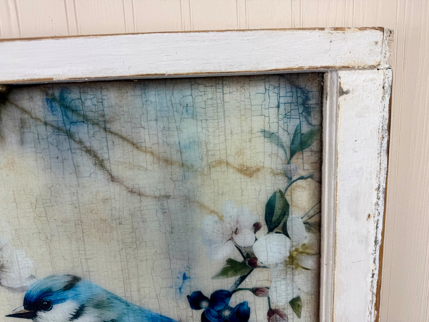 Handmade Upcycled Blue Bird Window Wall Art with Hanging Hooks- Shipping Included