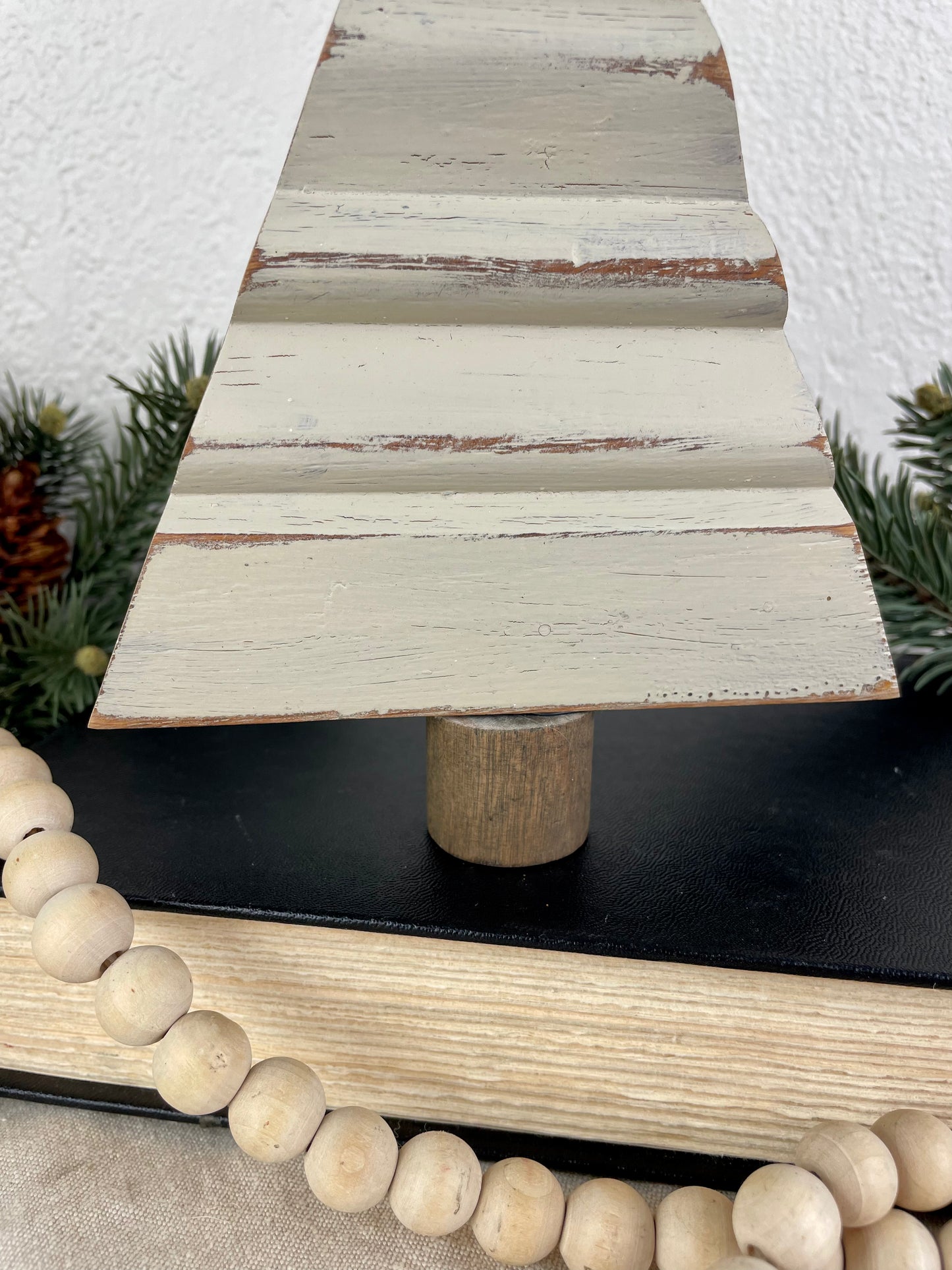 Upcycled Small Vintage Trim Beige Christmas Tree with White Flower