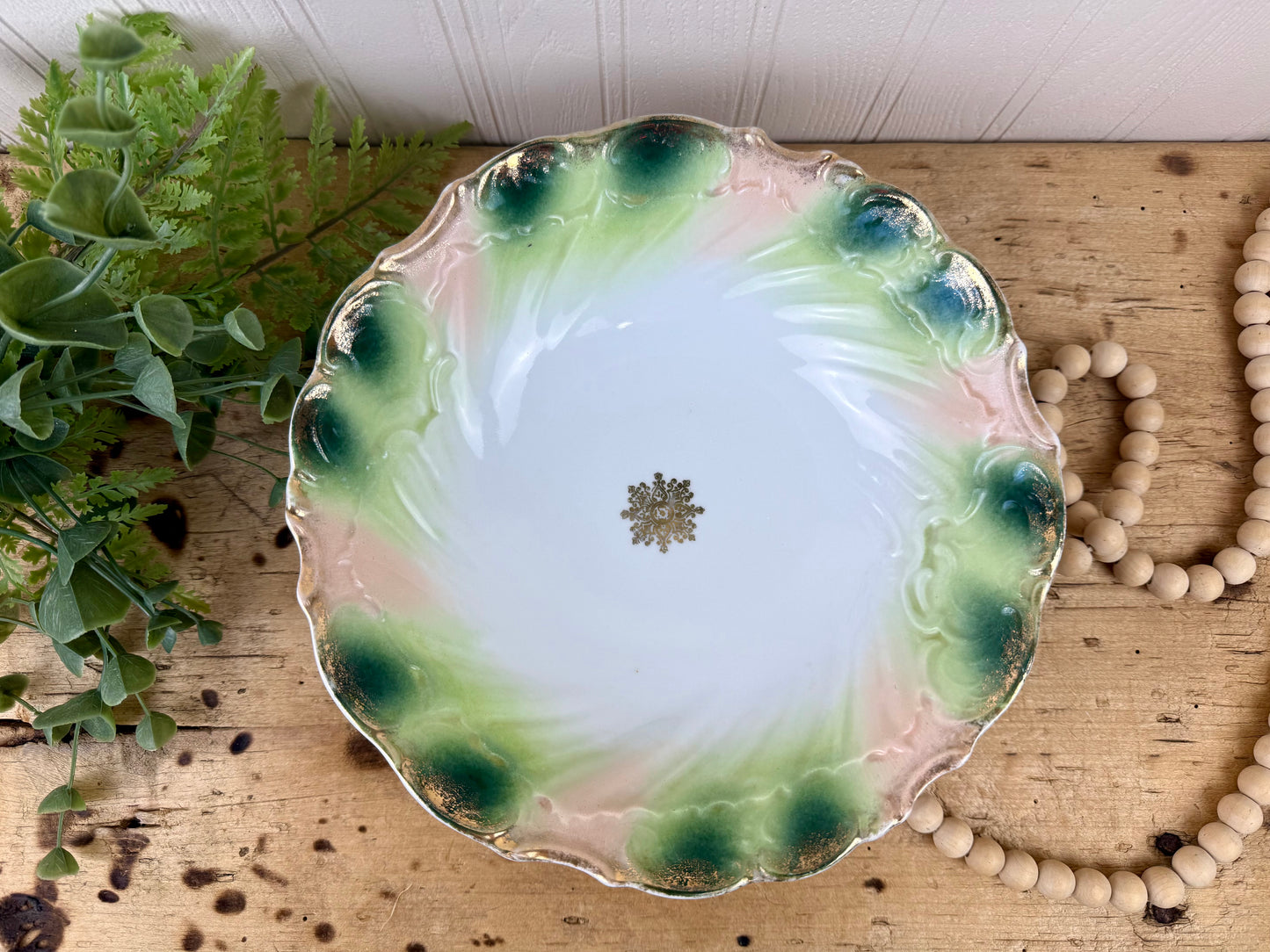 Vintage Green & Pink Porcelain Serving Bowl