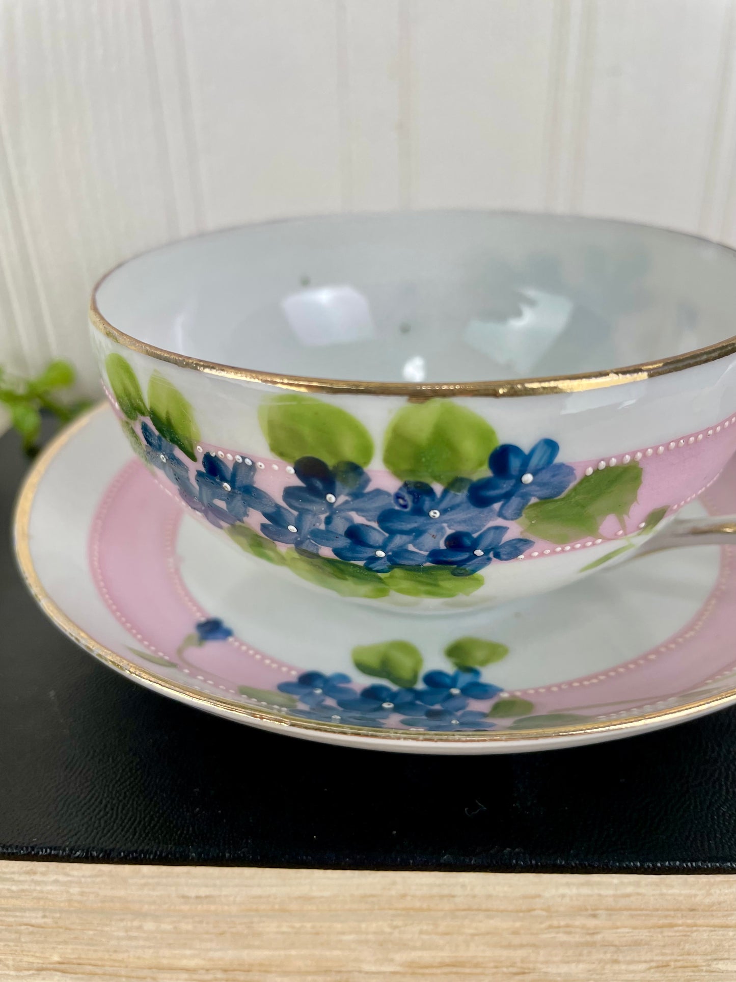 Vintage Hand Painted Blue Floral & Pink Striped Nippon Teacup & Saucer Set