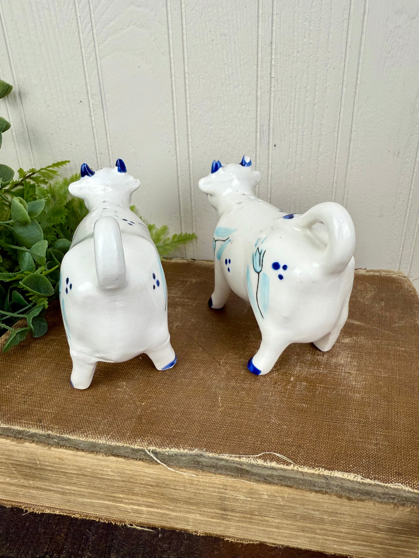 Vintage Enesco Delft-Style Porcelain Cow Salt and Pepper Shakers