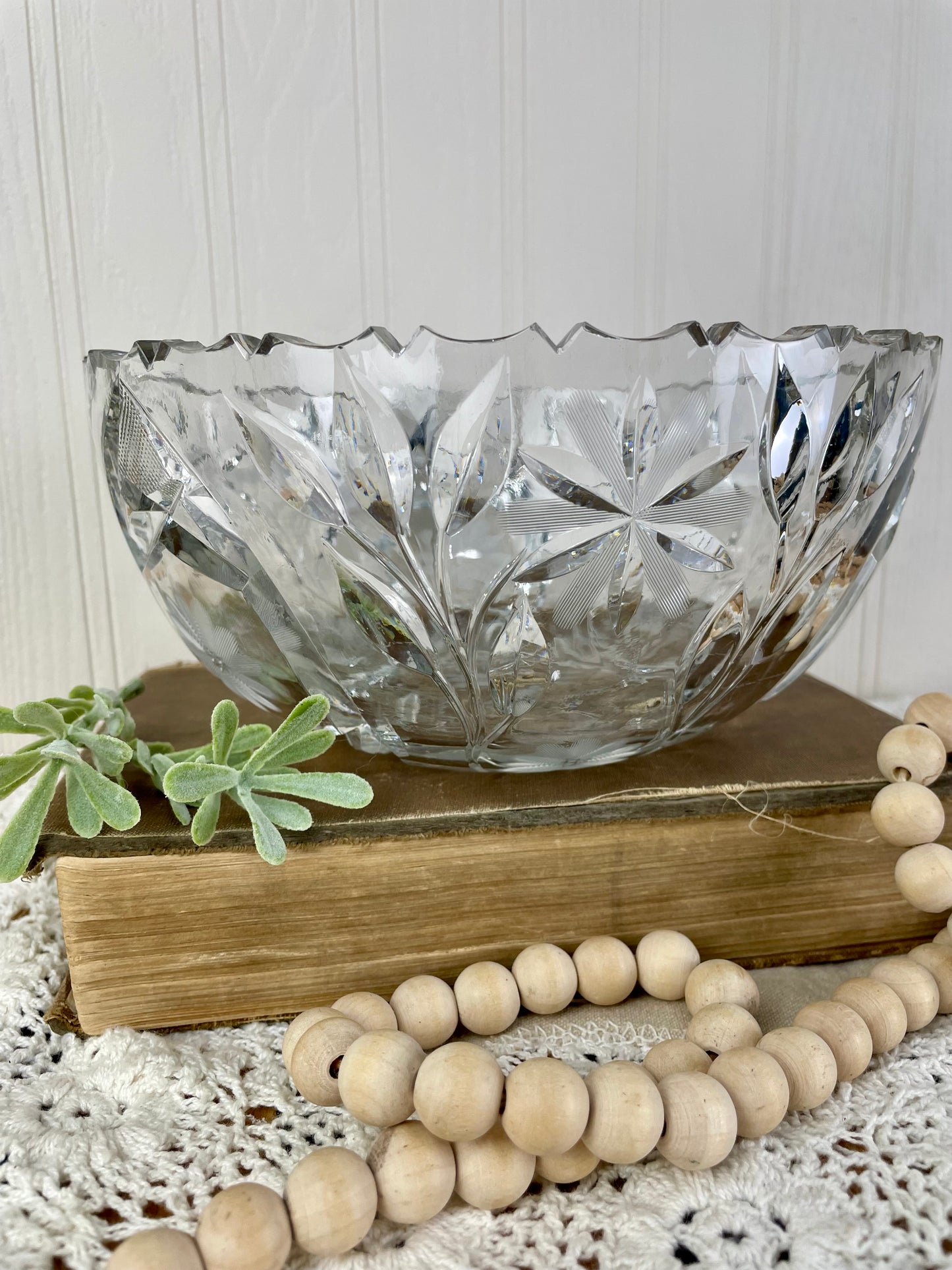 Vintage Cut Glass Serving Bowl with Etched Flowers