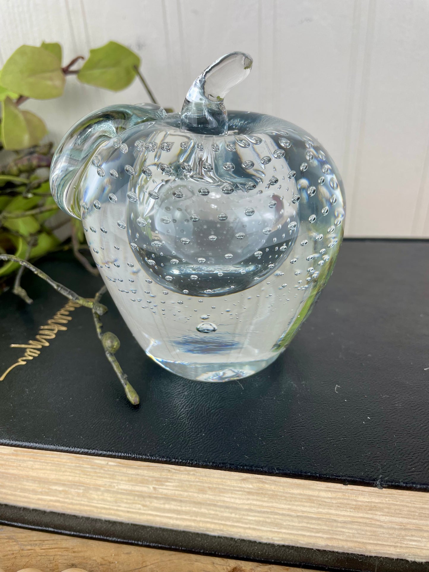 Vintage Clear Bubbled Art Glass Apple Paperweight