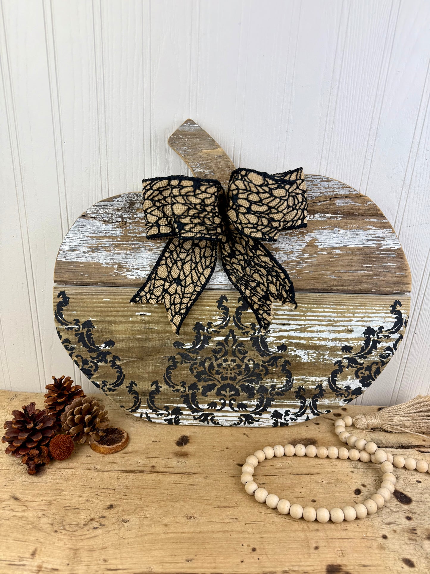 Handmade Chippy Barn Wood Pumpkin with Black Details