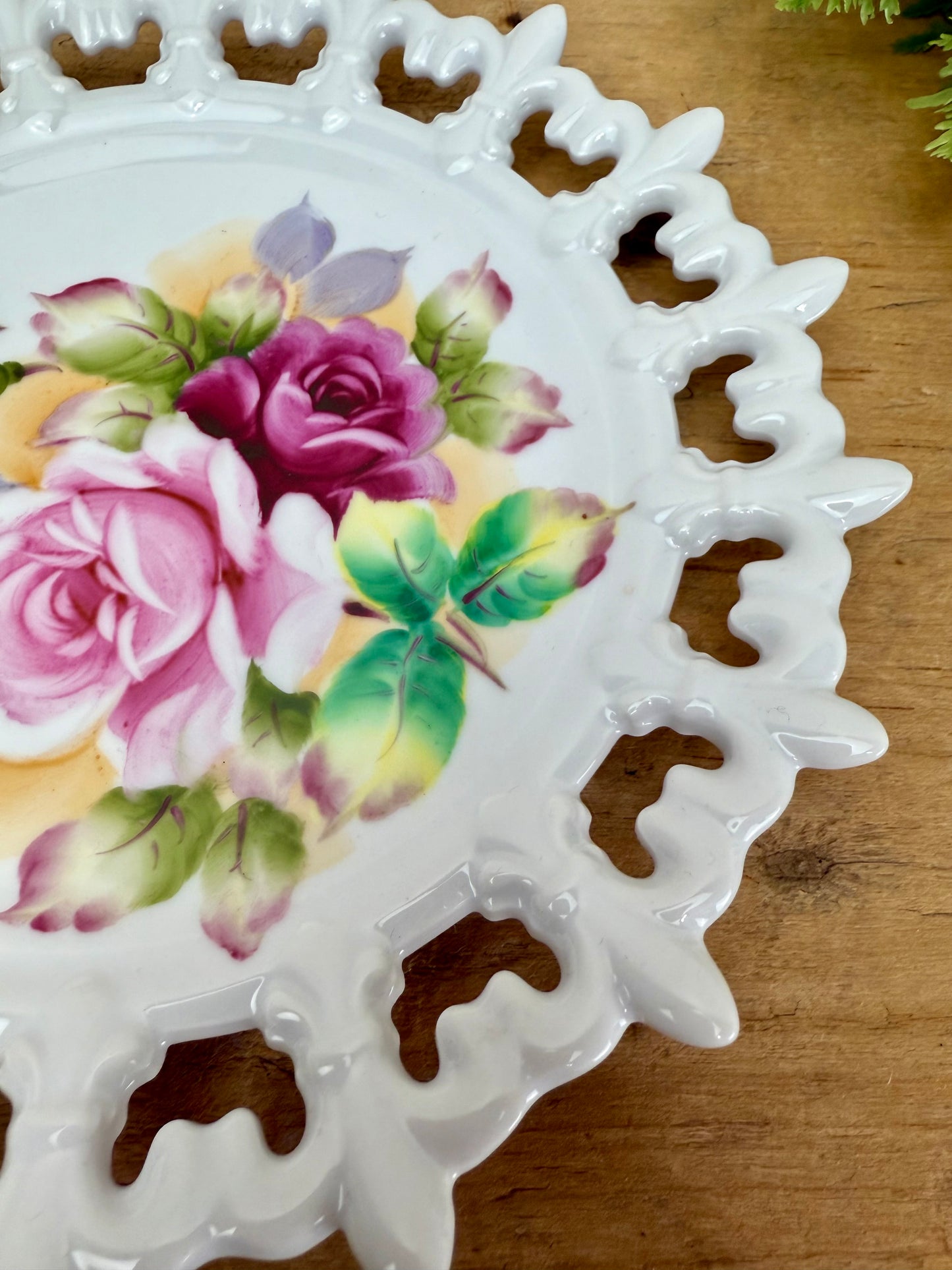 Vintage Hand Painted Lefton China Plate with Cutout Details