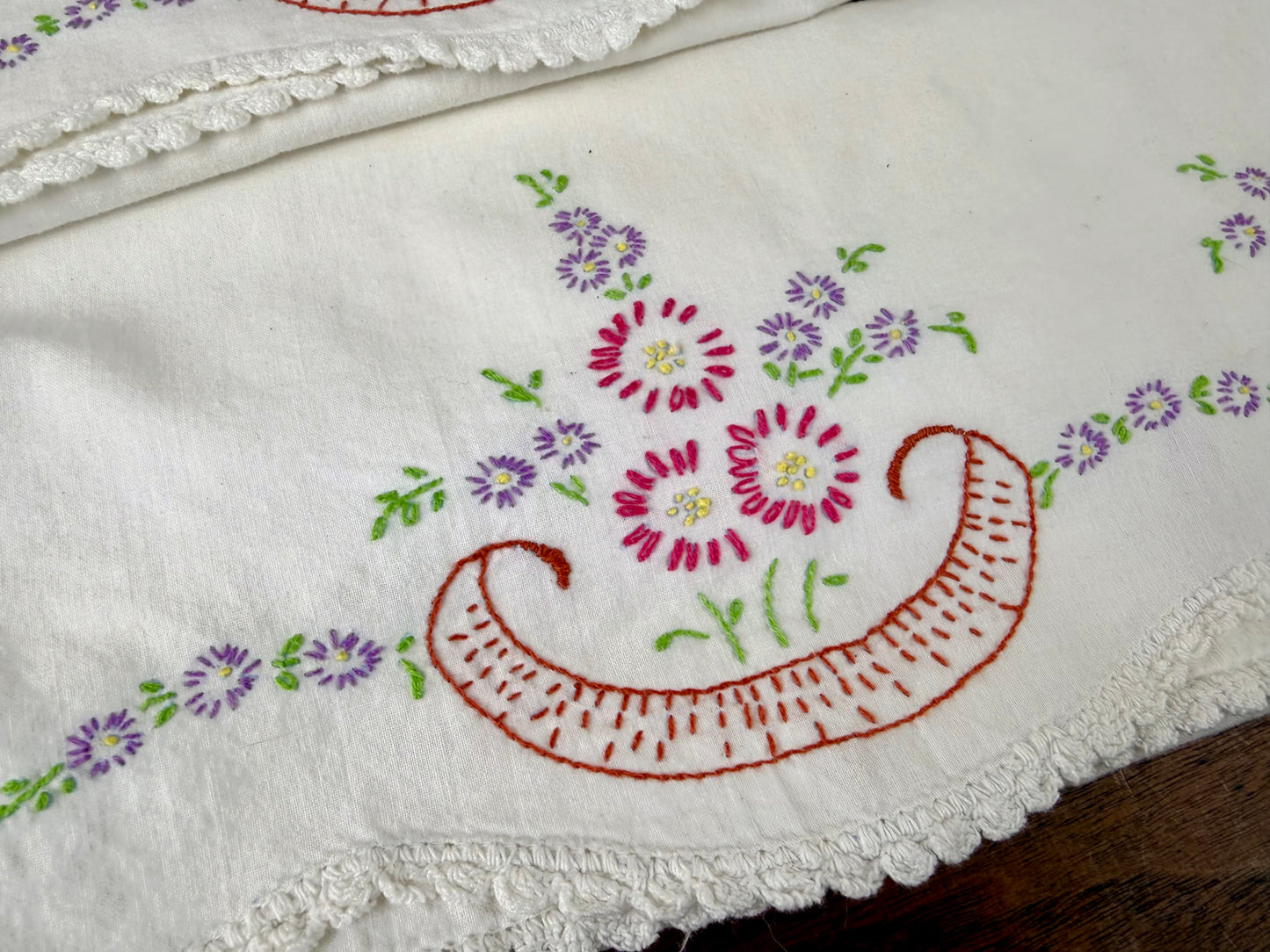 Vintage Hand Embroidered Pillowcase Set- Pink & Purple Florals