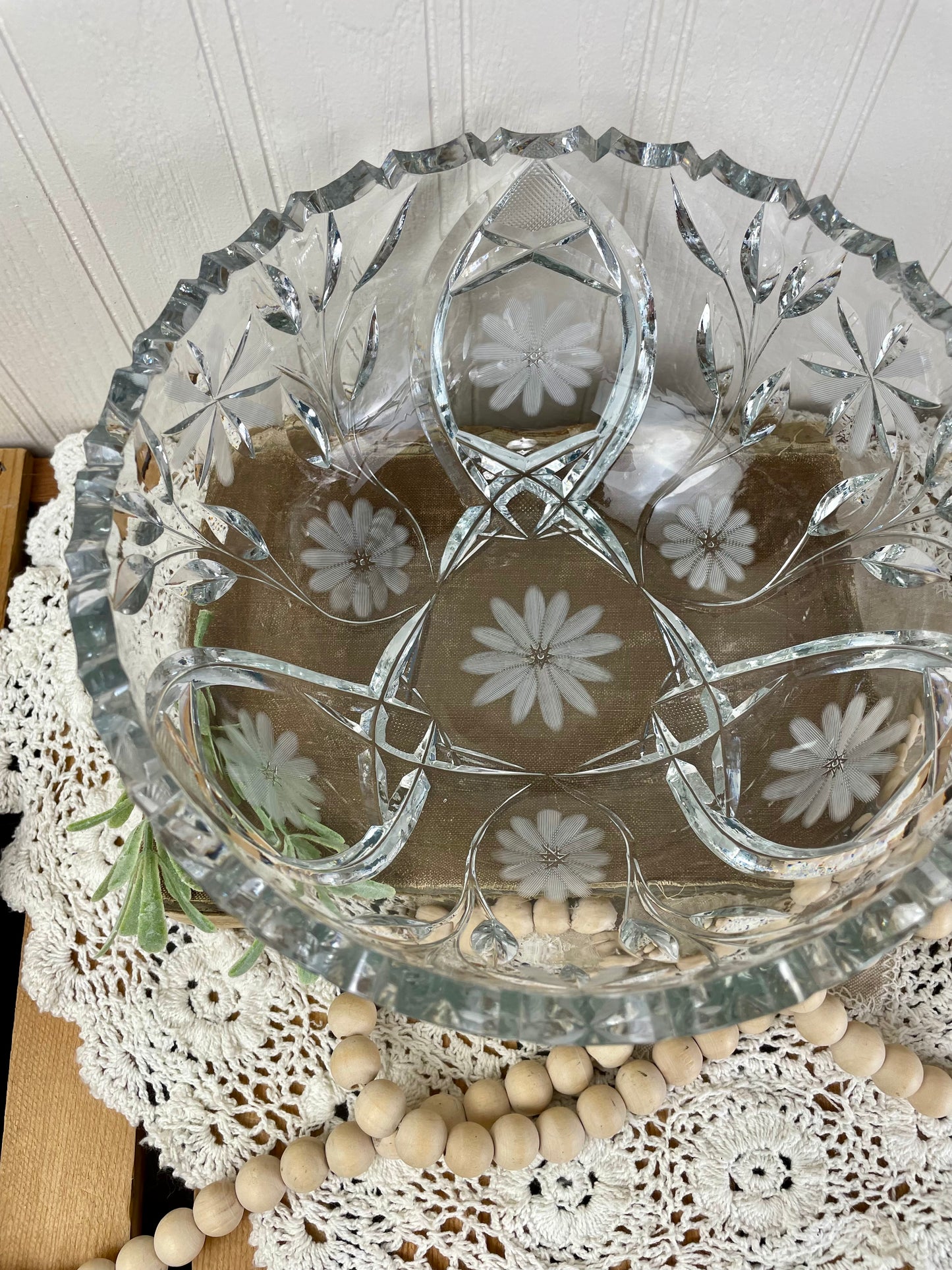 Vintage Cut Glass Serving Bowl with Etched Flowers