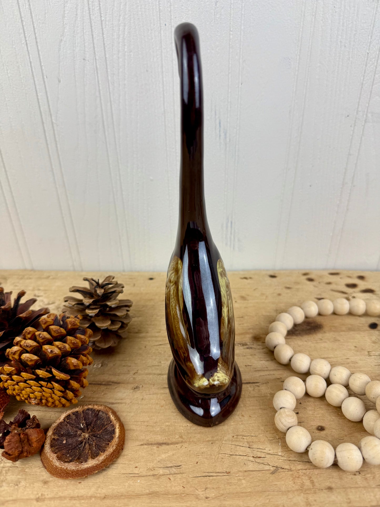 Vintage Enesco Redware Pottery Swan with Drip Glaze