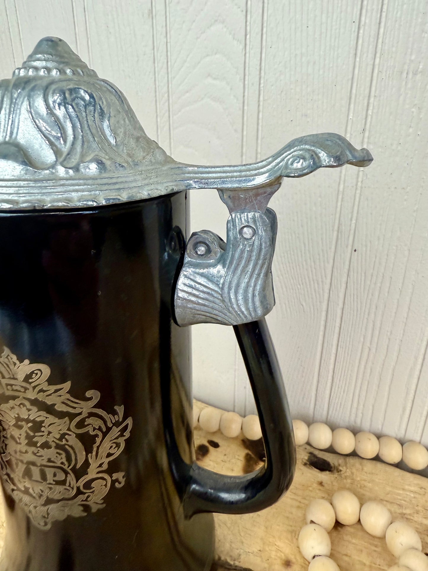 Vintage Black Glass Beer Stein with Pewter Lid