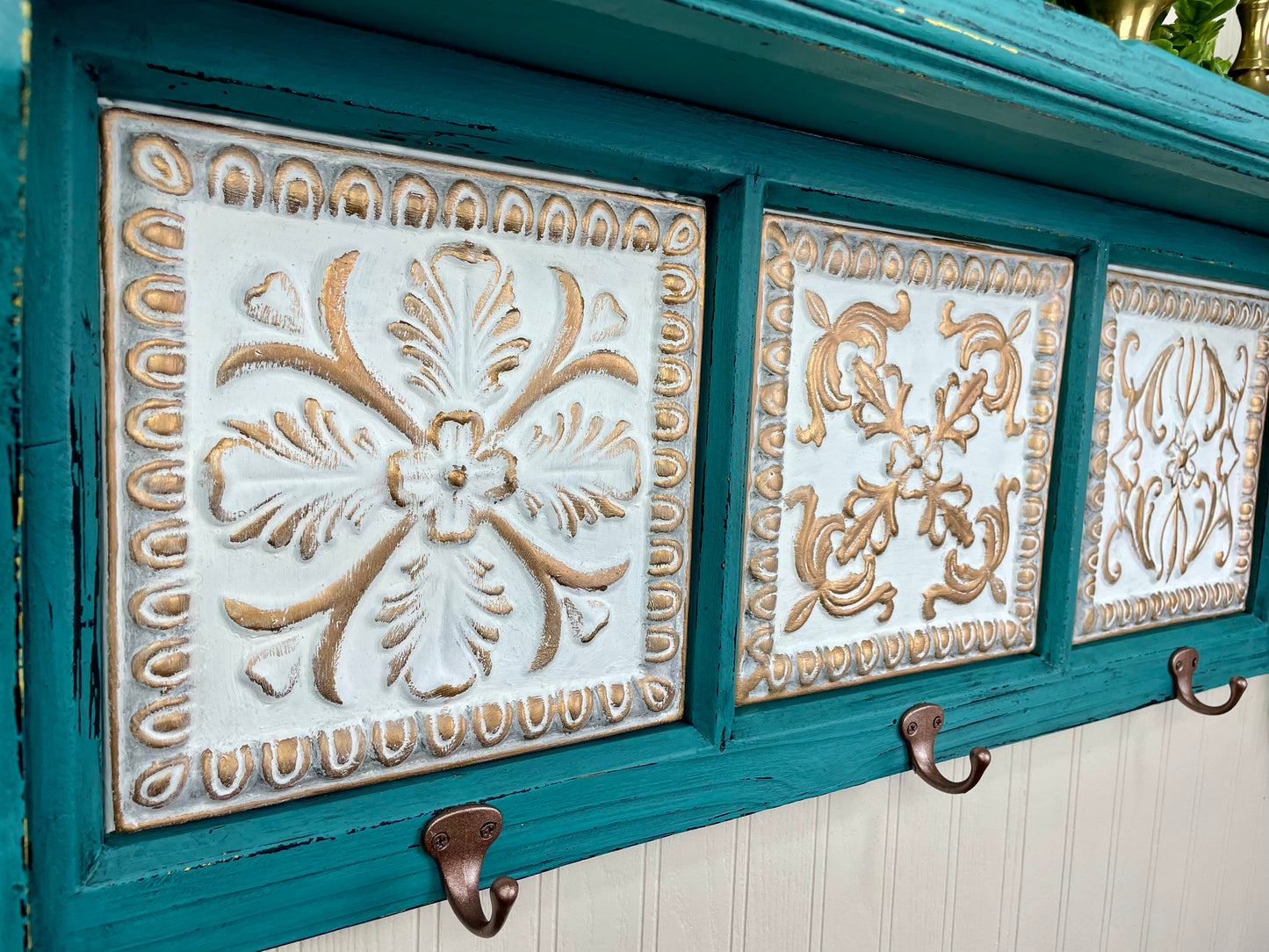 Upcycled Teal Painted Shelf with Hooks