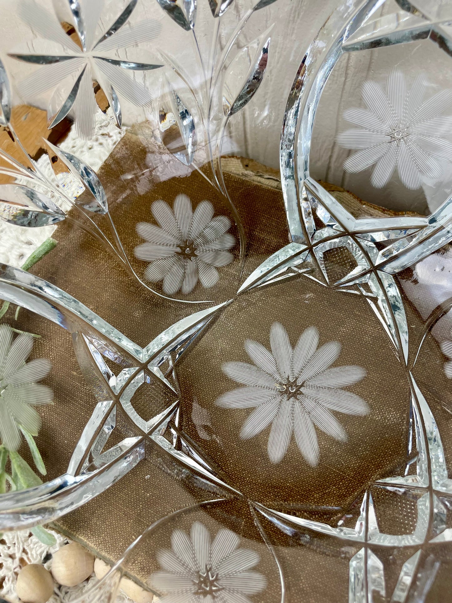 Vintage Cut Glass Serving Bowl with Etched Flowers