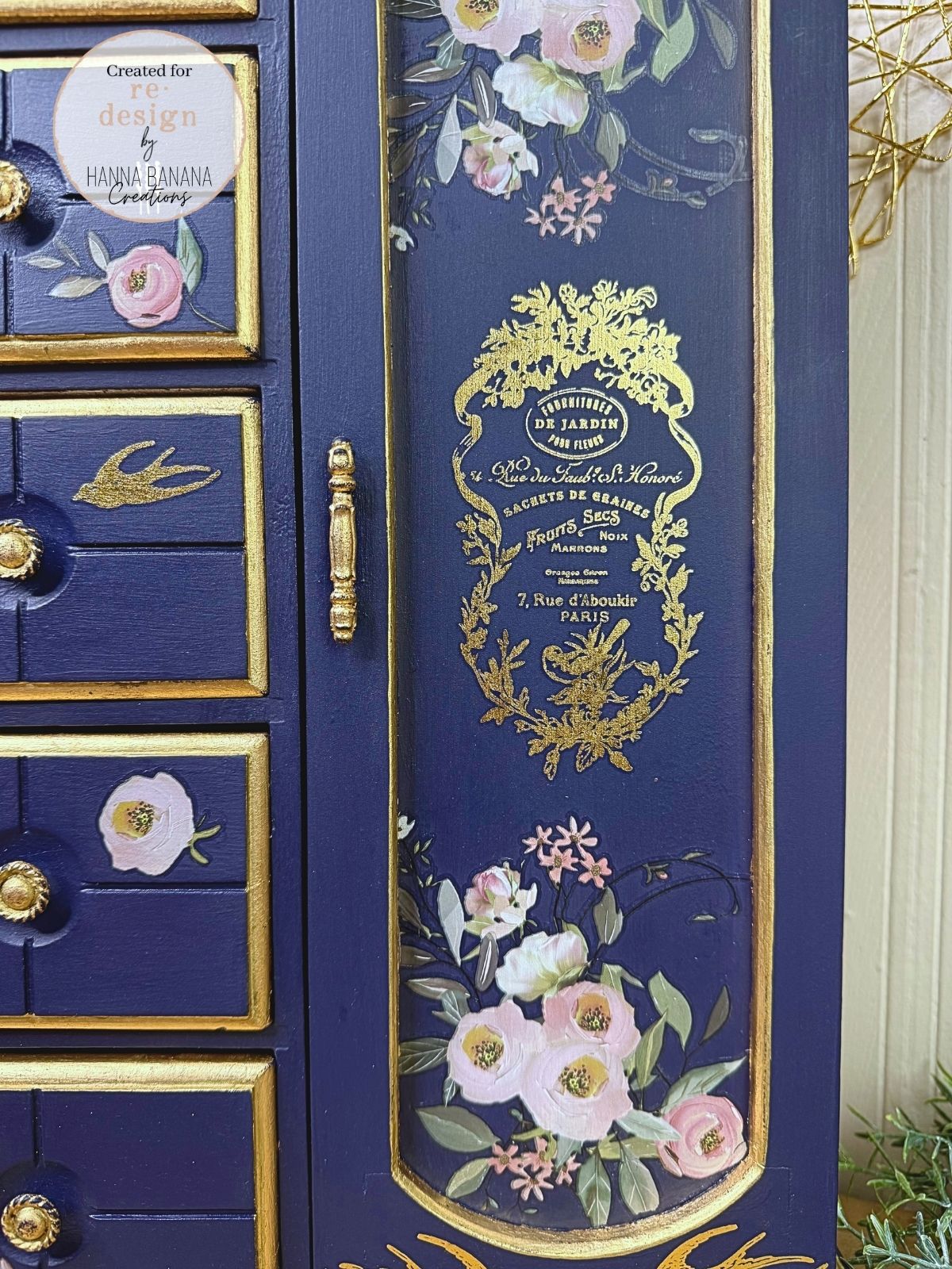 Upcycled Navy & Gold Jewelry Box with Pink Florals