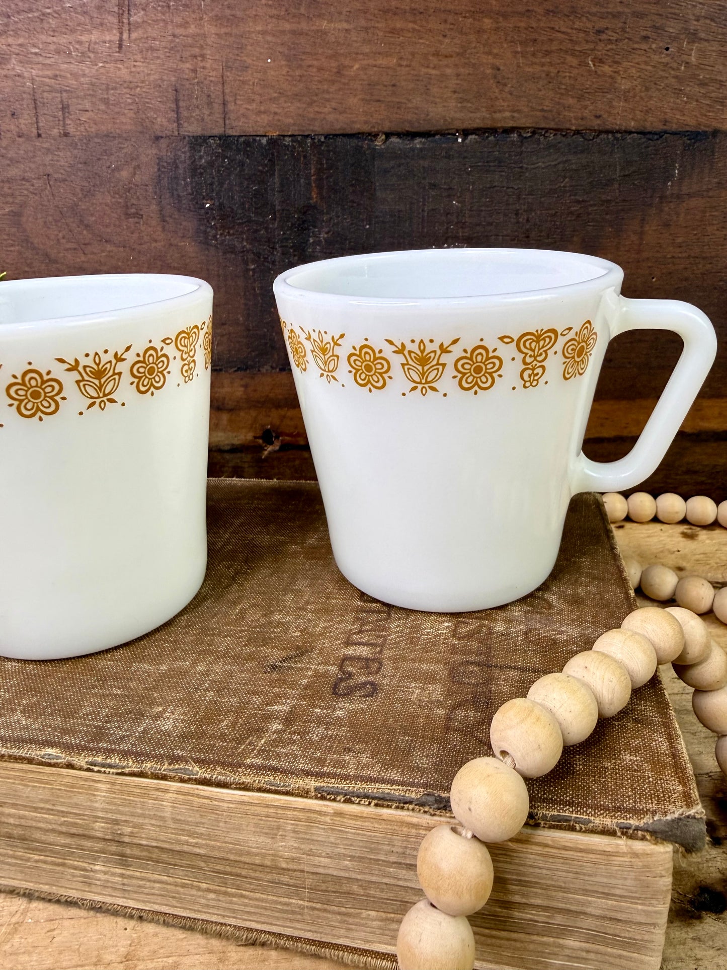 Vintage Pyrex Butterfly Gold Milk Glass Mug Set