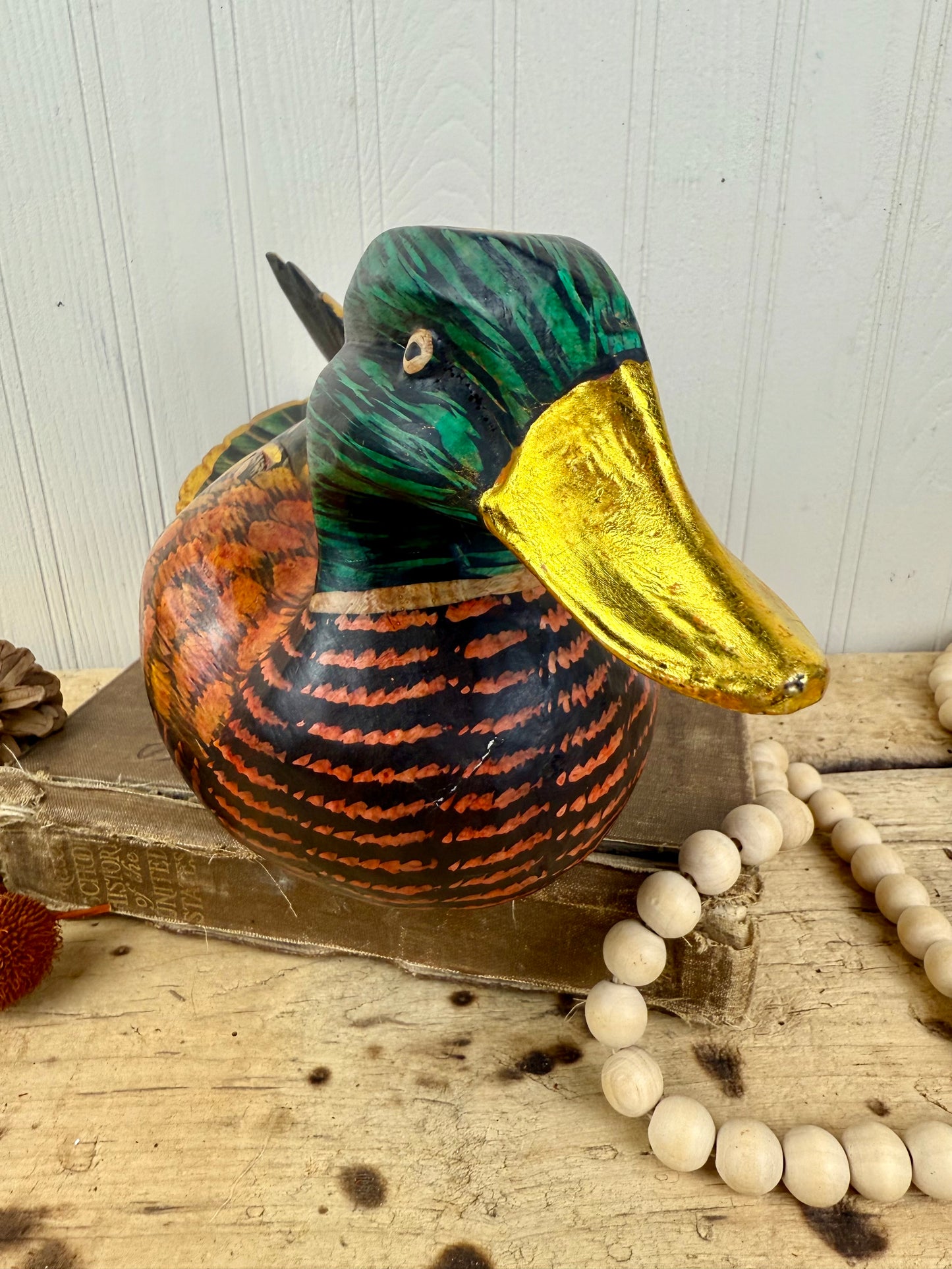 Vintage Hand Carved Wooden Duck with Golden Details