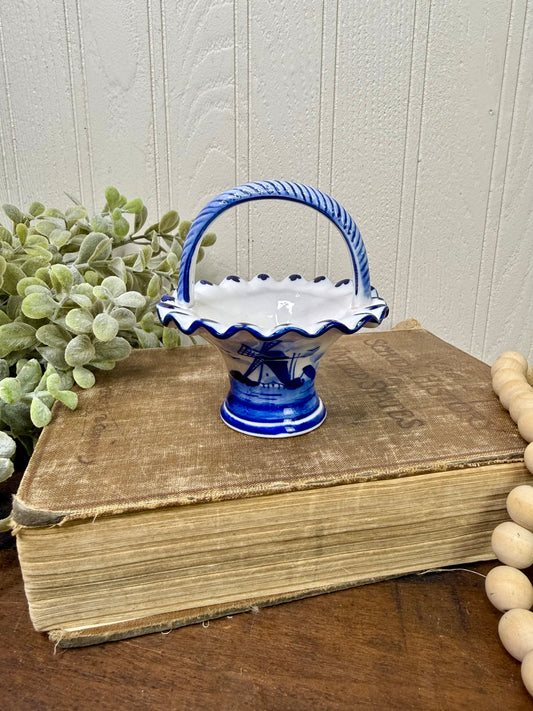 Vintage Delft Blue Hand Painted Porcelain Mini Basket