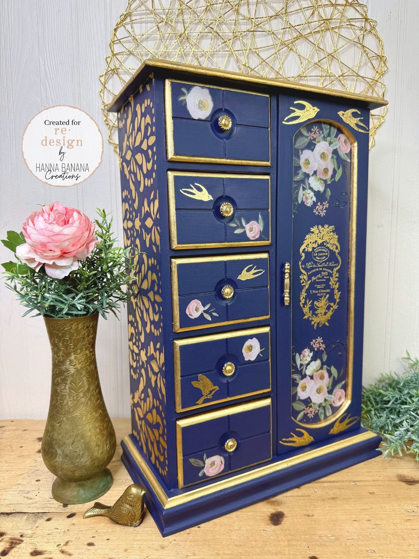 Upcycled Navy & Gold Jewelry Box with Pink Florals