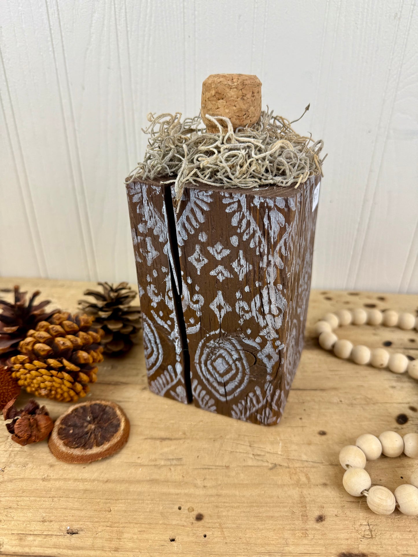 Handmade Reclaimed Wood Block Pumpkin with Stamped Tribal Details