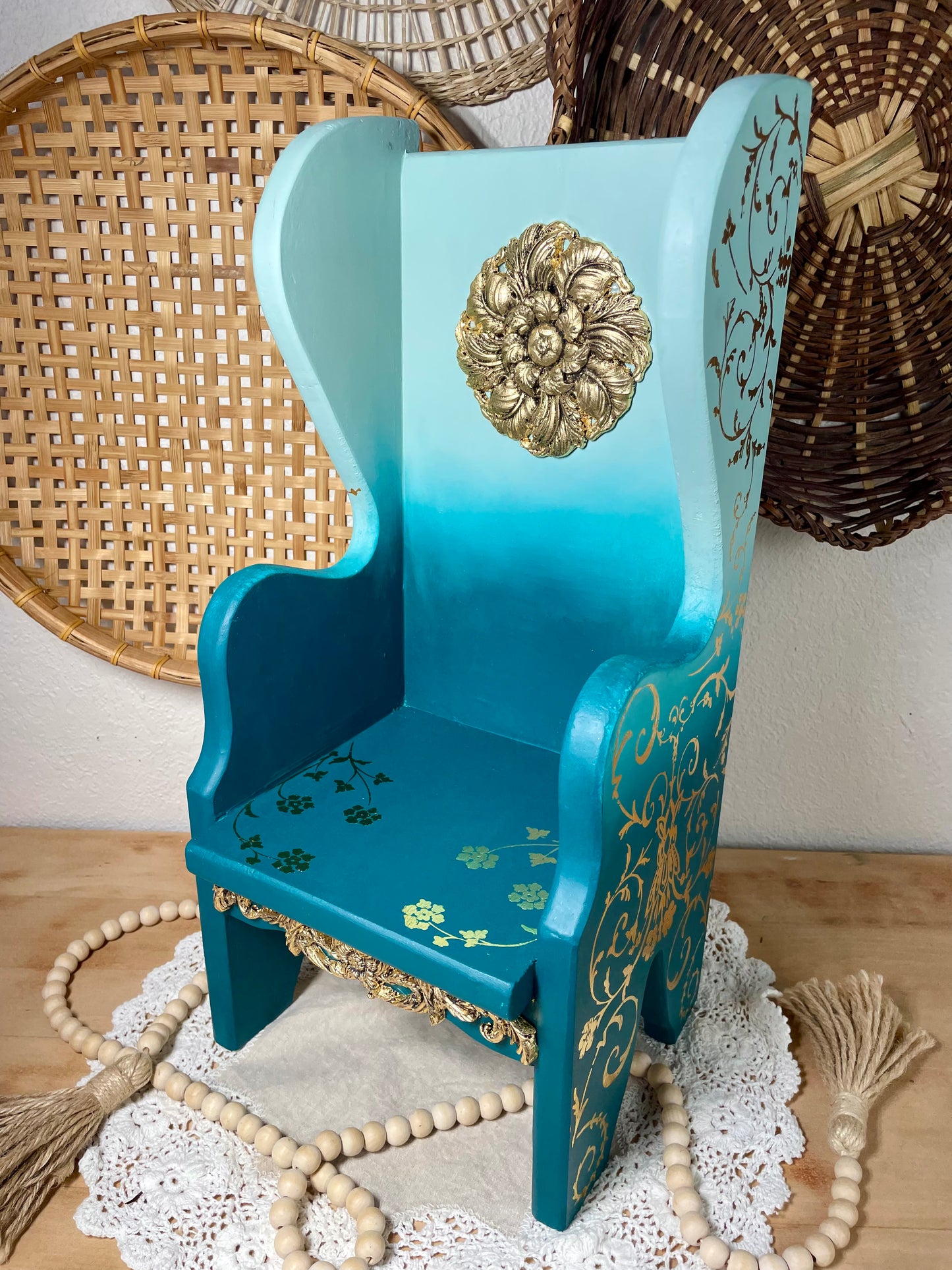 Hand Painted Ombré Wooden Chair Plant Holder with Gold Details