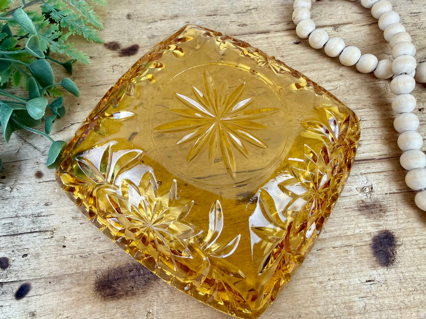 Vintage Hazel-Atlas Glass Starburst Patterned Amber Candy Dish