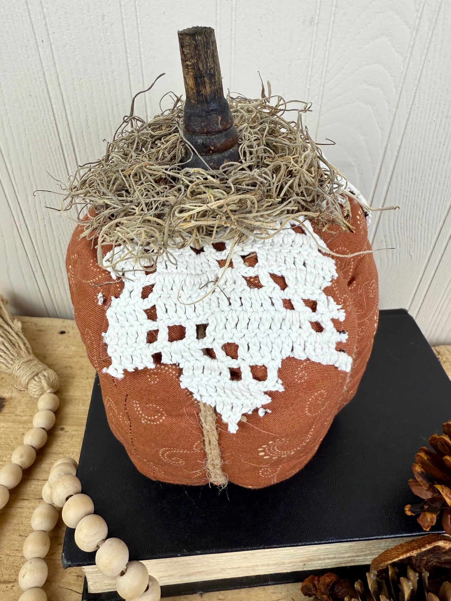Handmade Plush Pumpkin with Doily Leaves