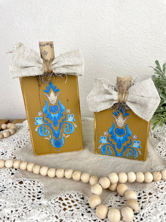 Handmade Yellow Boho Pumpkin Set with Blue Accents