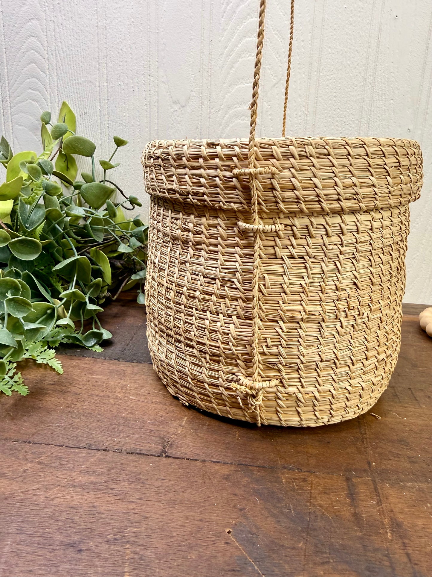 Vintage Hand Woven Hanging Basket with Lid
