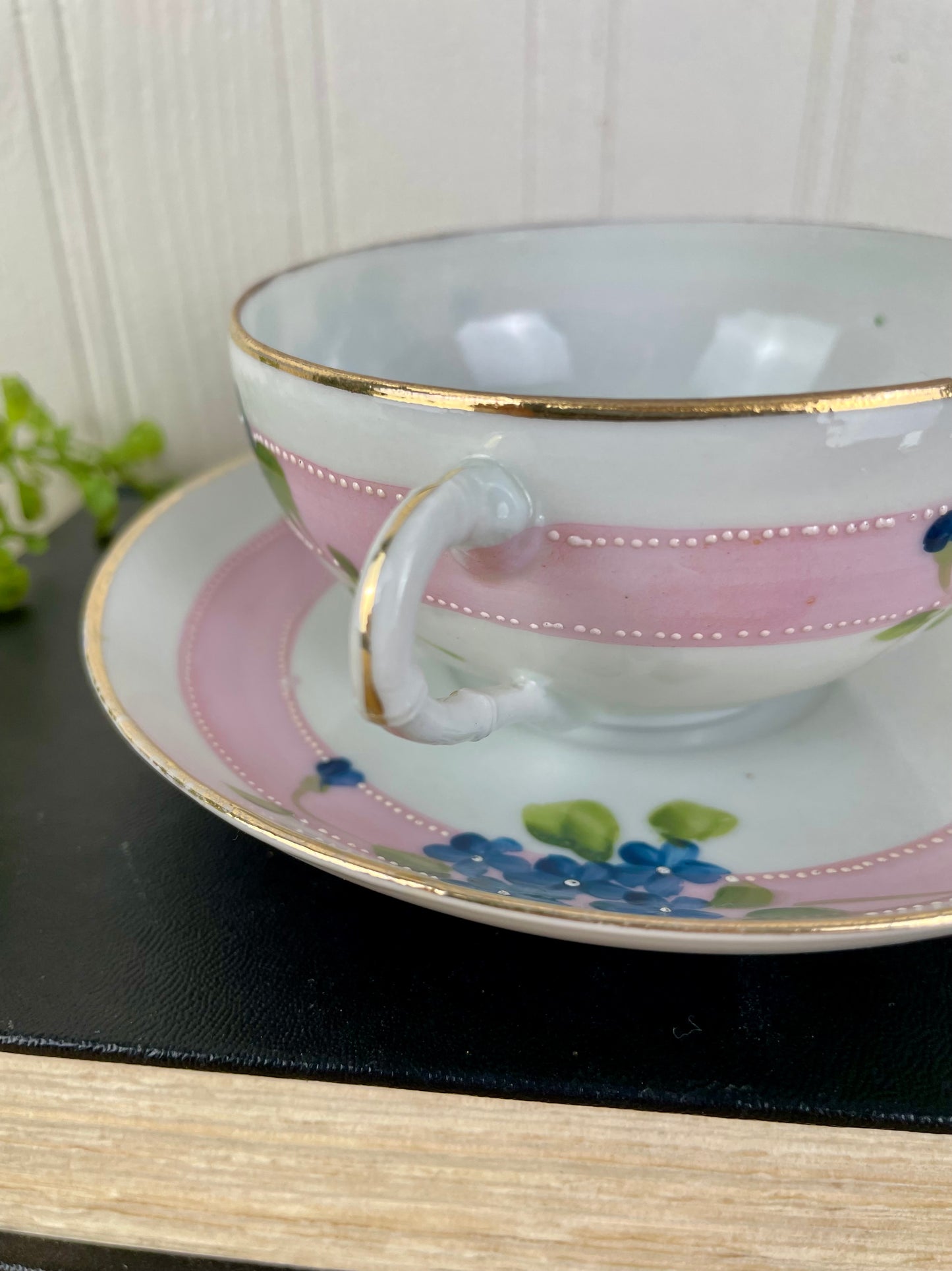 Vintage Hand Painted Blue Floral & Pink Striped Nippon Teacup & Saucer Set