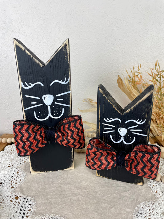 Handmade Reclaimed Wood Black Cat Set with Chevron Bows