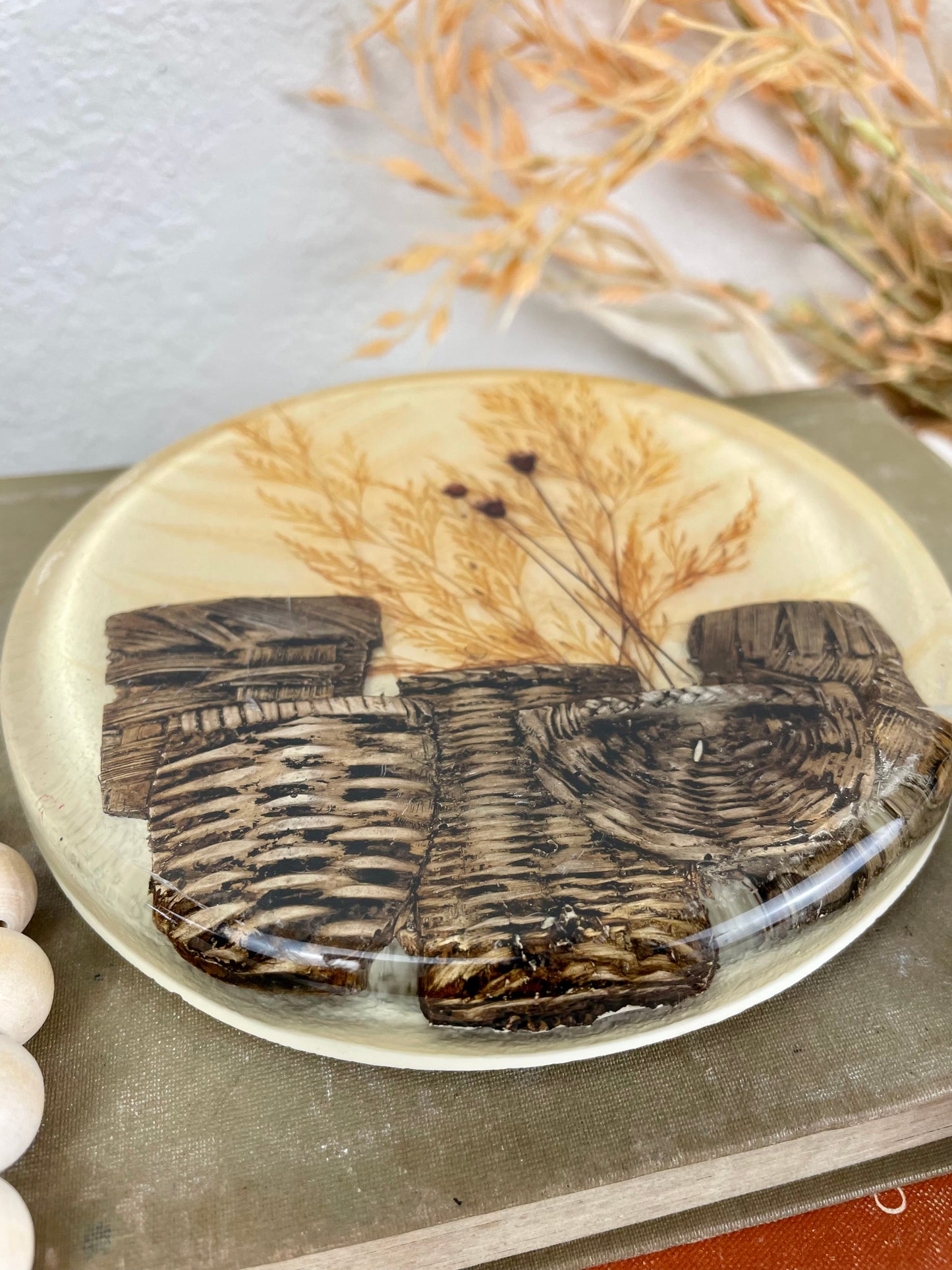 Vintage 1970’s Lucite Trivet with Dried Florals and Wicker Baskets