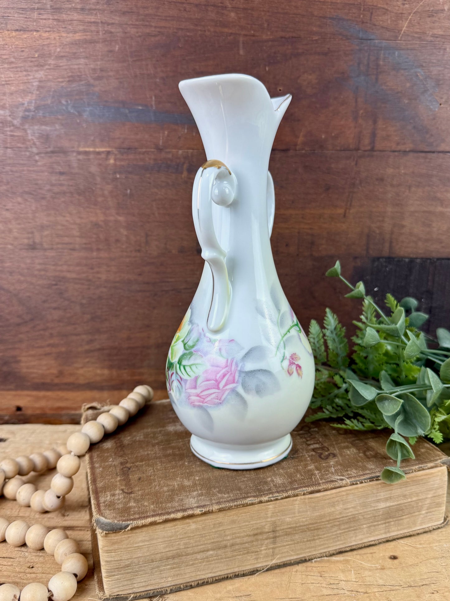 Vintage Porcelain Arnart Floral Double Handle Vase