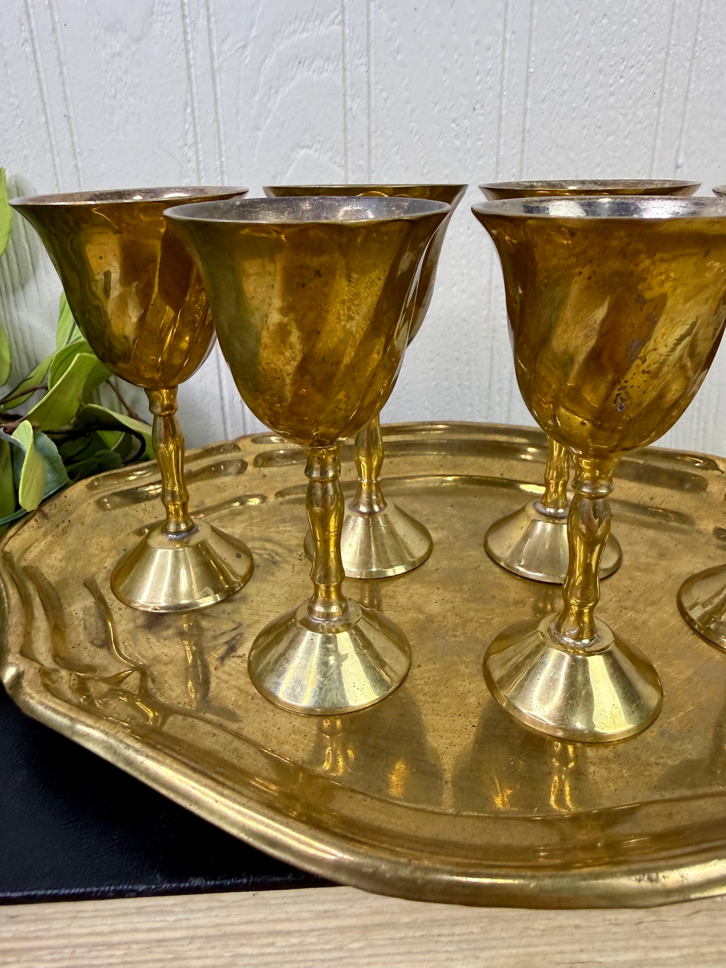 Vintage Mini Brass Barware Set with Goblets & Tray