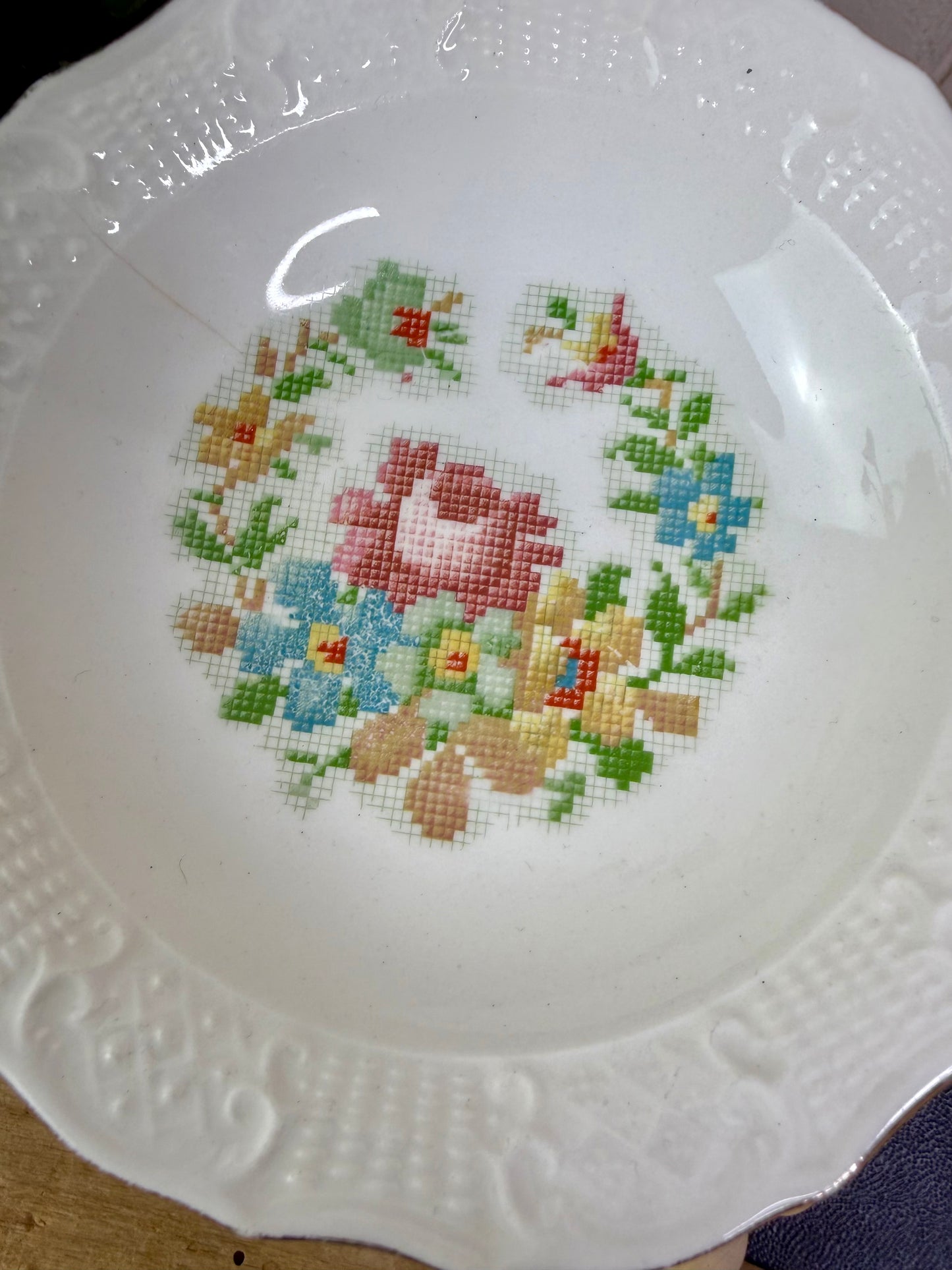 Vintage Canonsburg Pottery Cross-stitch Floral Dessert Bowl