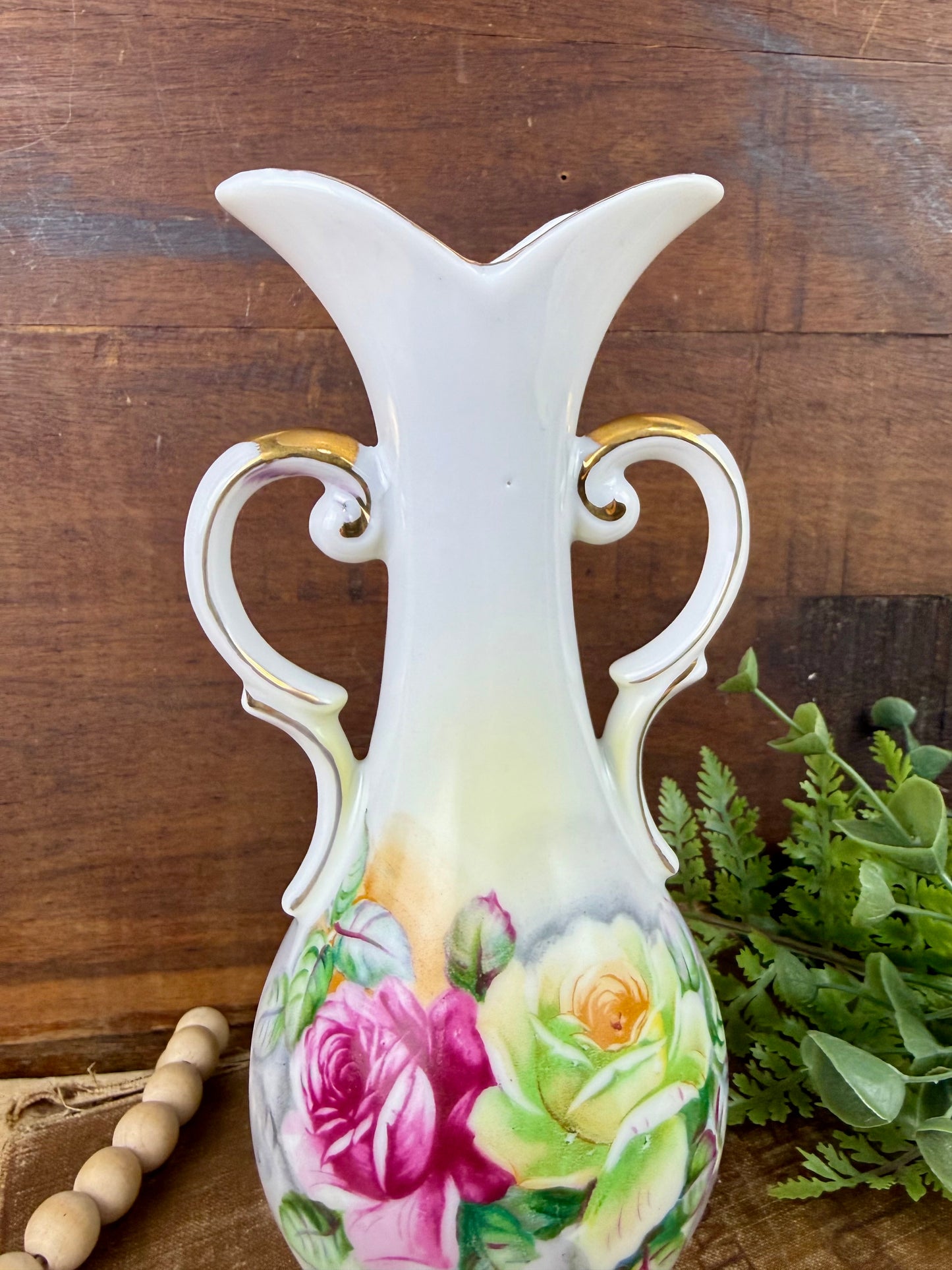 Vintage Porcelain Arnart Floral Double Handle Vase