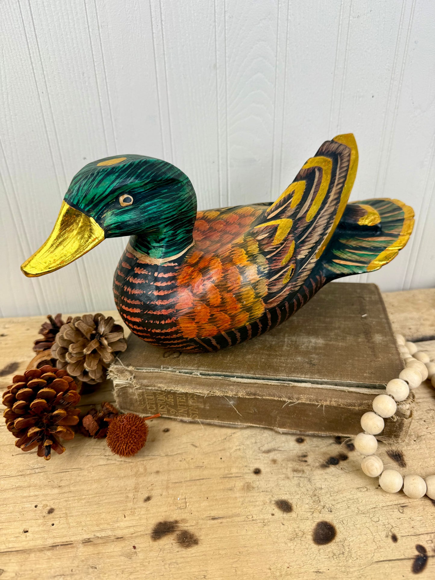 Vintage Hand Carved Wooden Duck with Golden Details