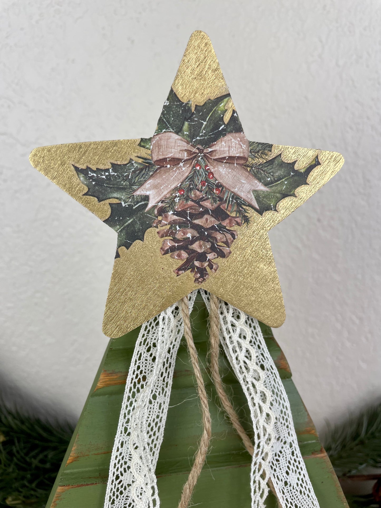 Upcycled Vintage Trim Olive Green Large Christmas Tree with Metallic Star