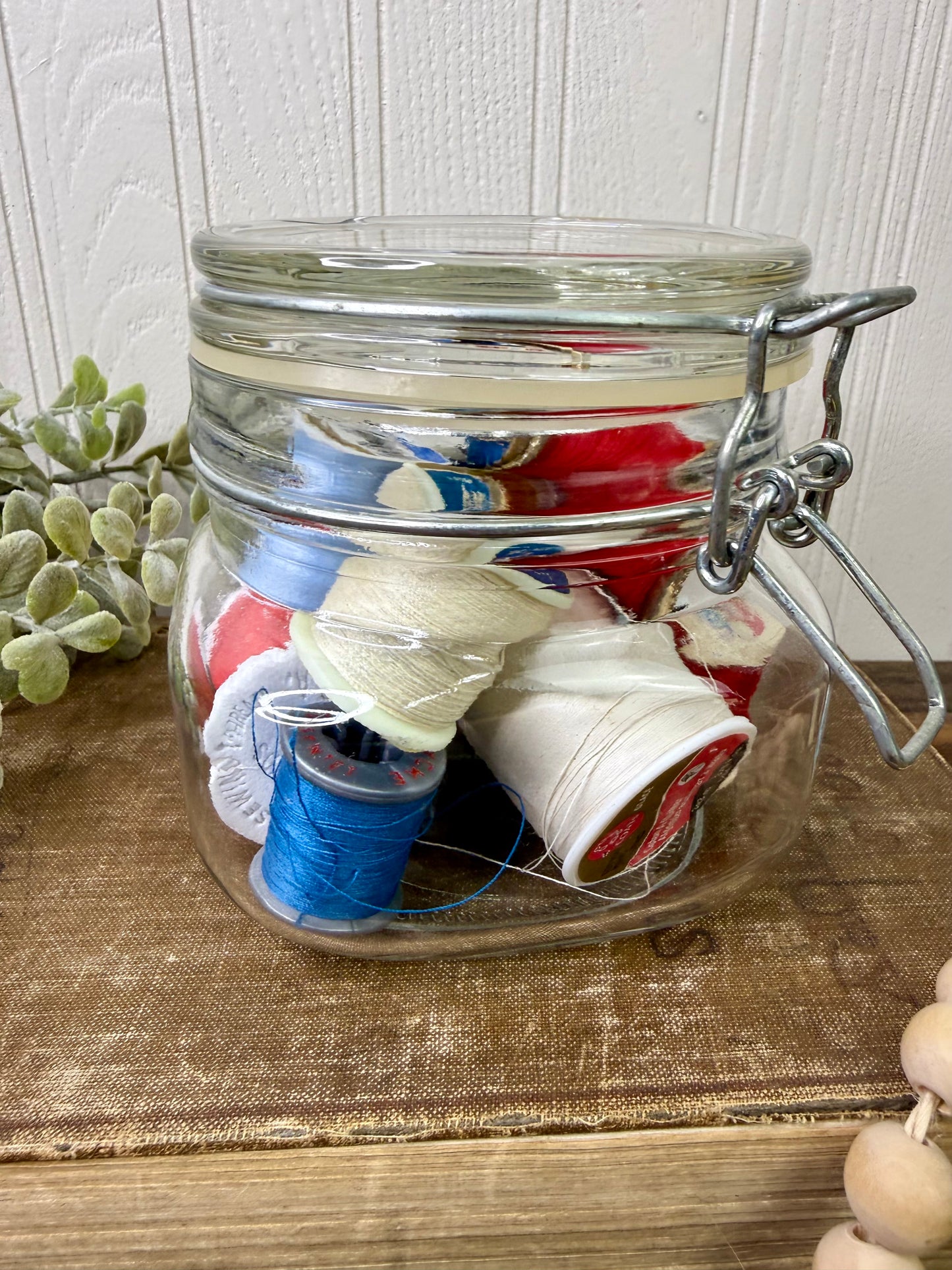 Vintage Glass Clasp Jar with Thread Spools