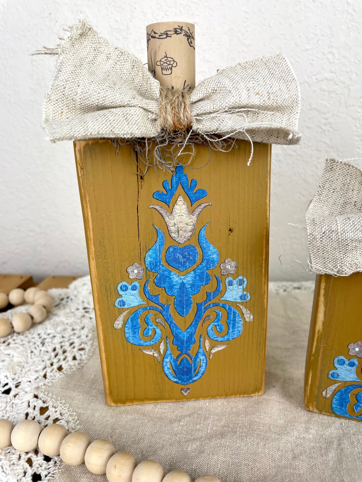 Handmade Yellow Boho Pumpkin Set with Blue Accents