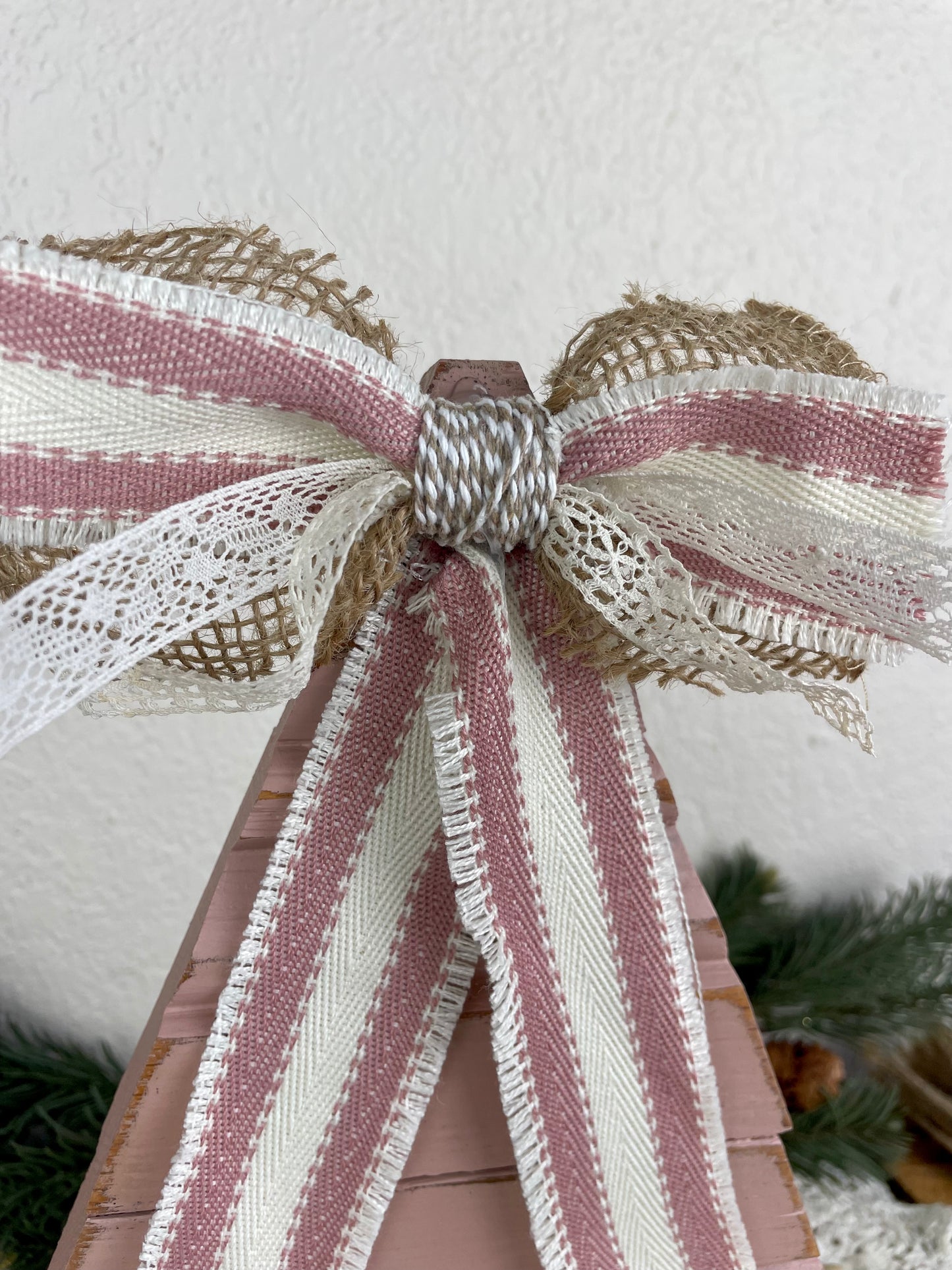 Upcycled Vintage Trim Pink Large Christmas Tree with Handmade Bow